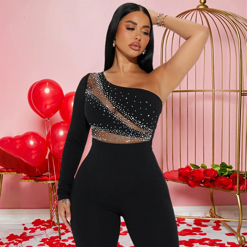 Sexy Nightclub Party Prom Club Banquet One Shoulder Long Sleeve Rhinestone Splicing Jumpsuit