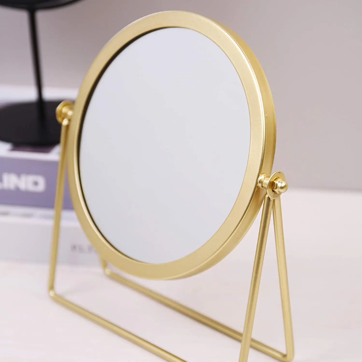 Iron Tabletop Makeup Mirror, Round Swivel Desktop Stand Mirror, 360°Rotation One-Sided Dressing Table Mirror