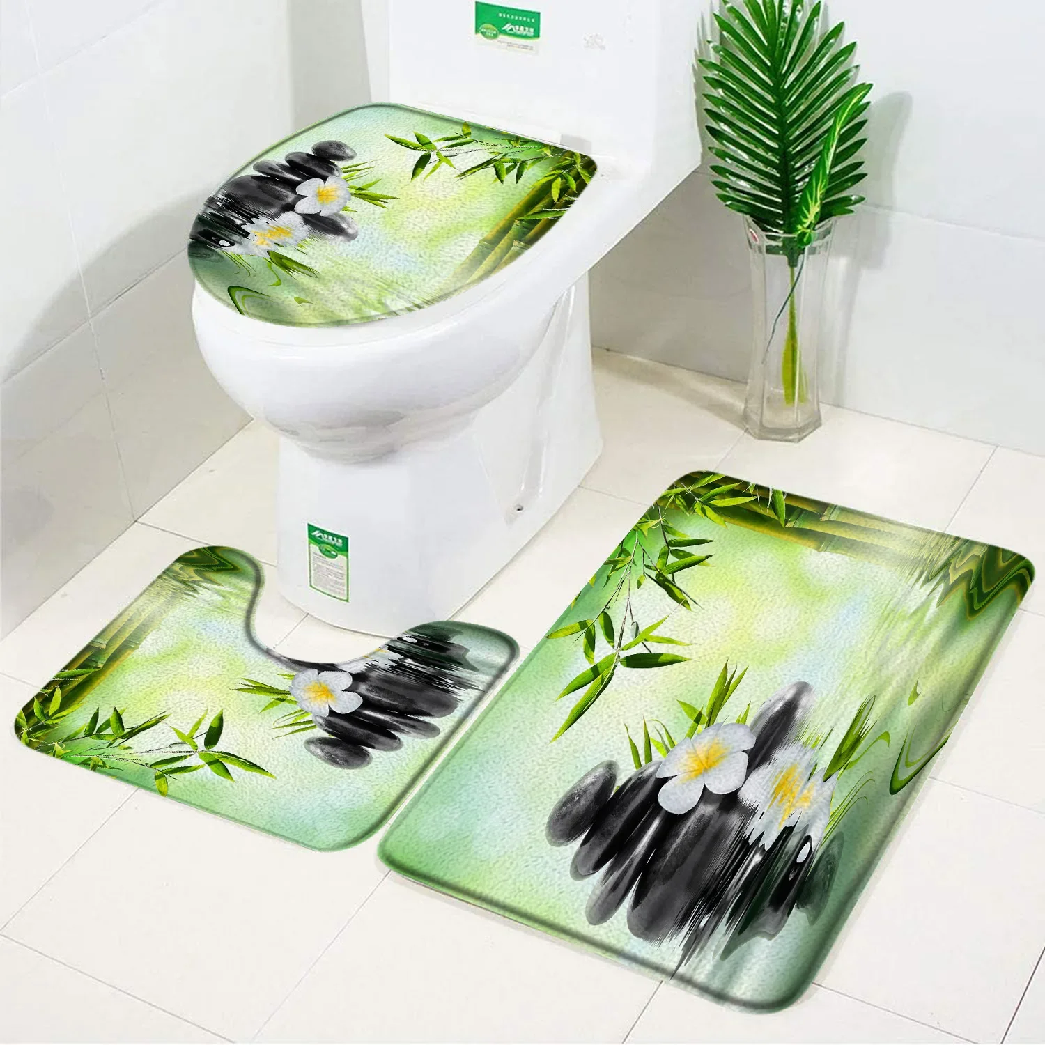 

Green Bamboo Zen Bath Mats Set Orchid Lotus Massage Stone Asian Spa Door Pad Modern Bathroom Decor Non-slip Rug Toilet Cover Mat