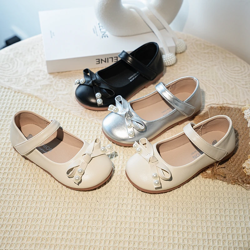Girls Pearls Mary Jane Shoes with Bow-knot Soft Sole Kids Flats Princess Shoes Children Leather Shoes for Party Wedding