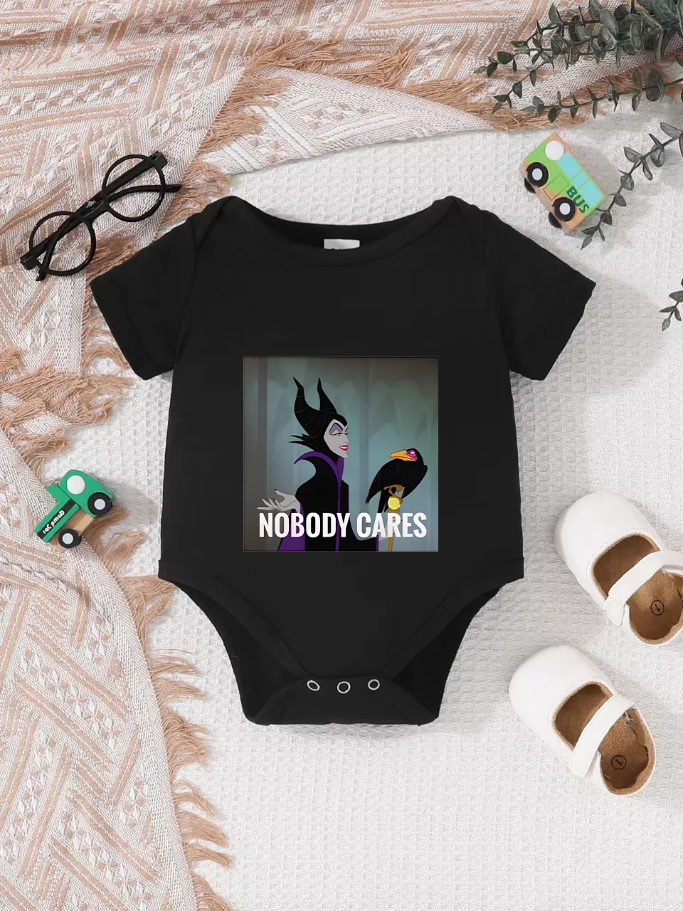 

【Officially Authorized】 Disney "Maleficent" Baby triangle onesie: "NOBODY CARES" Meme Print, Soft Comfortable Fabric