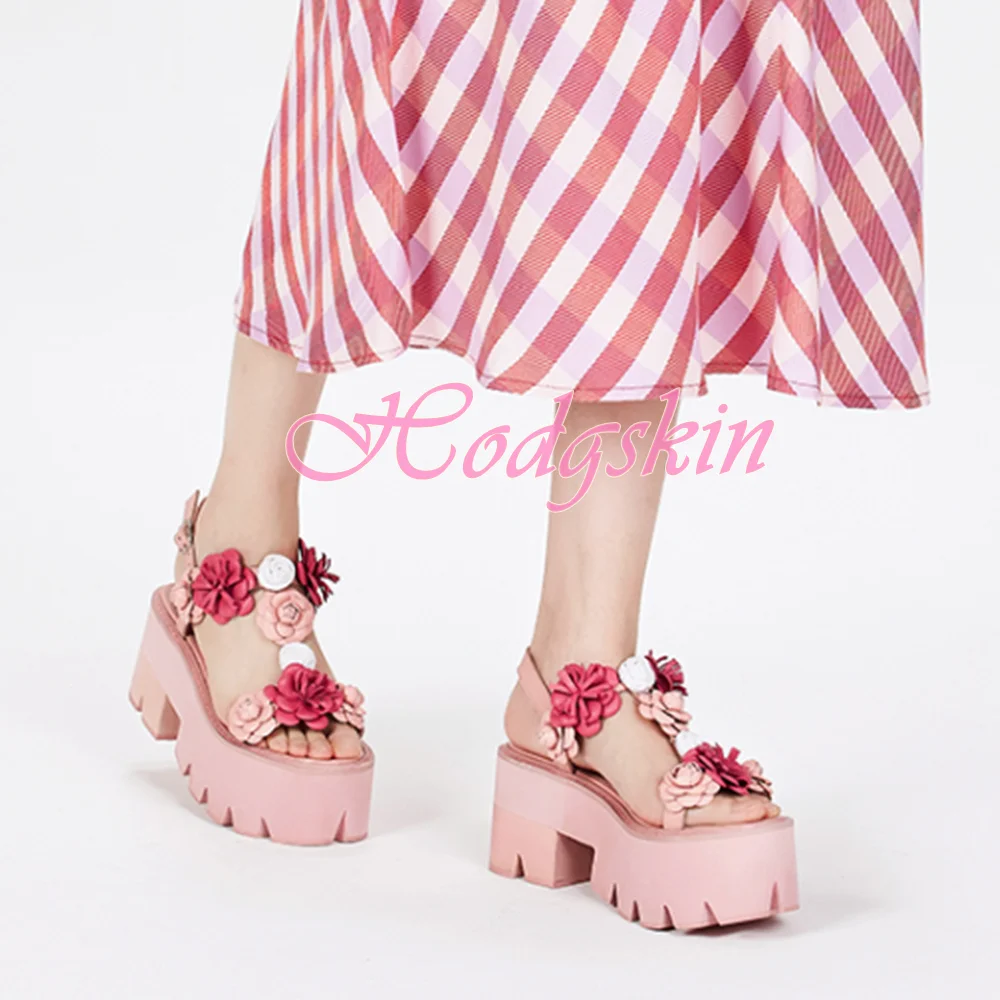 Flowers Decor High Heels Sandals Platform Open Toe Straps Buckles Thick Heel Sweet Pink Sandals Women Summer Party Dress Shoes