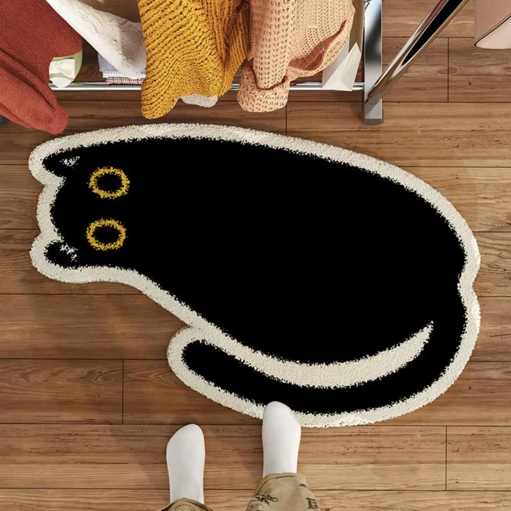 Alfombra de suelo irregular con forma de gato negro, de felpa y franela, para dormitorio, baño, sala de estar, alfombra para la mesita de noche, resistente a la suciedad, decoración del hogar.