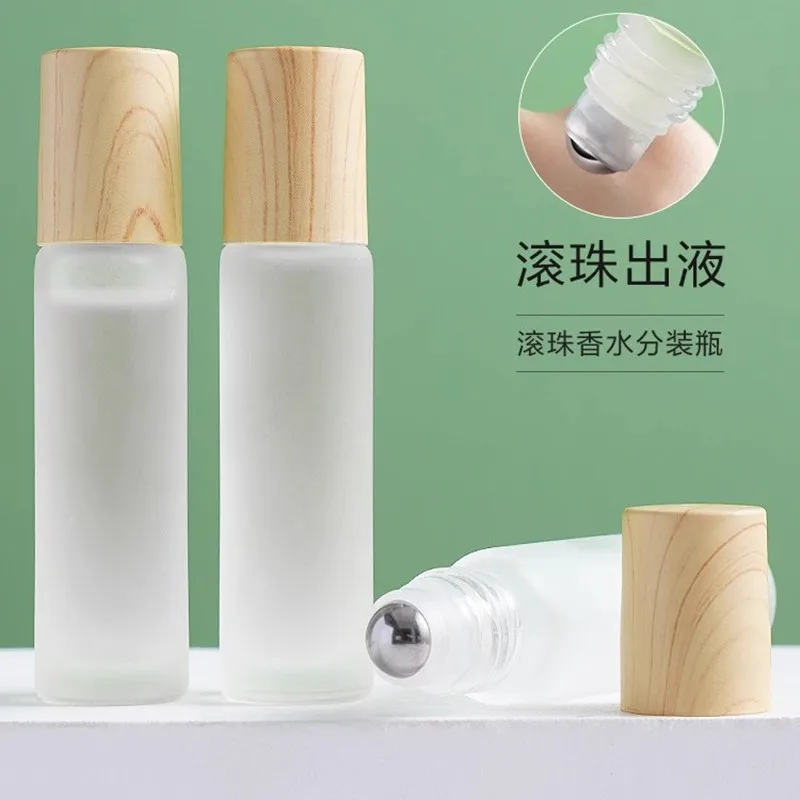 200pcs 5ml/10ml Refillable Frosted Glass Roll On Essential Oils Bottles with Imitation Wood Grain Lid