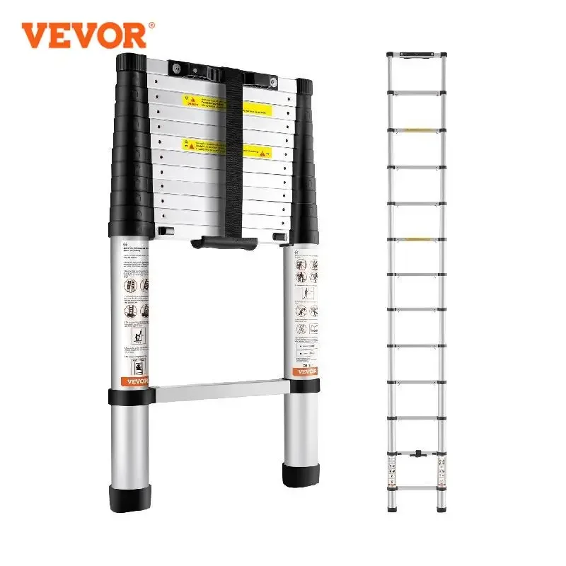 

VEVOR Telescoping Ladder 12.5 FT Aluminum One-Button Retraction Collapsible Extension 375 LBS Capacity w/Non-Slip for Home RV