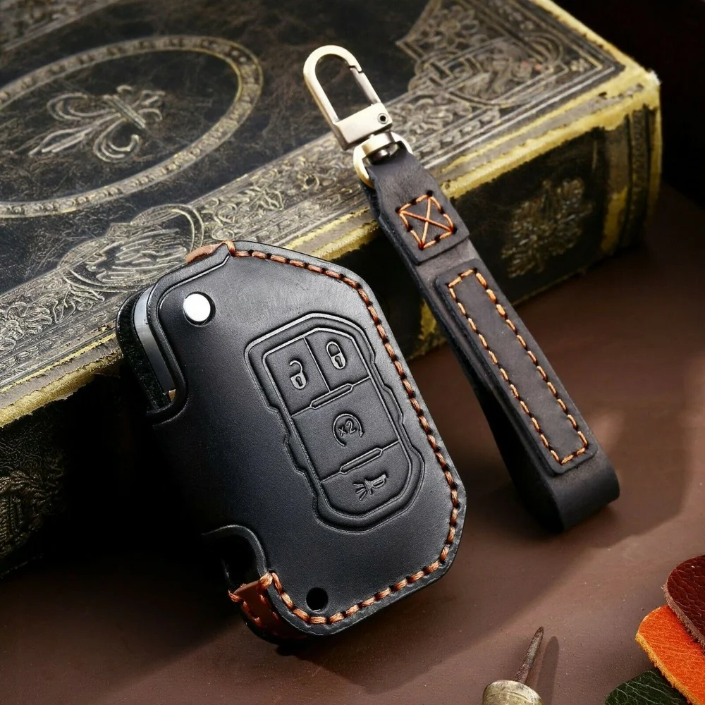 1pc Genuine Leather Flip Car Key Fob Cover Case Holder for Jeep Wrangler JL Gladiator 2020 2021 2022 Remote Shell Bag Keychain