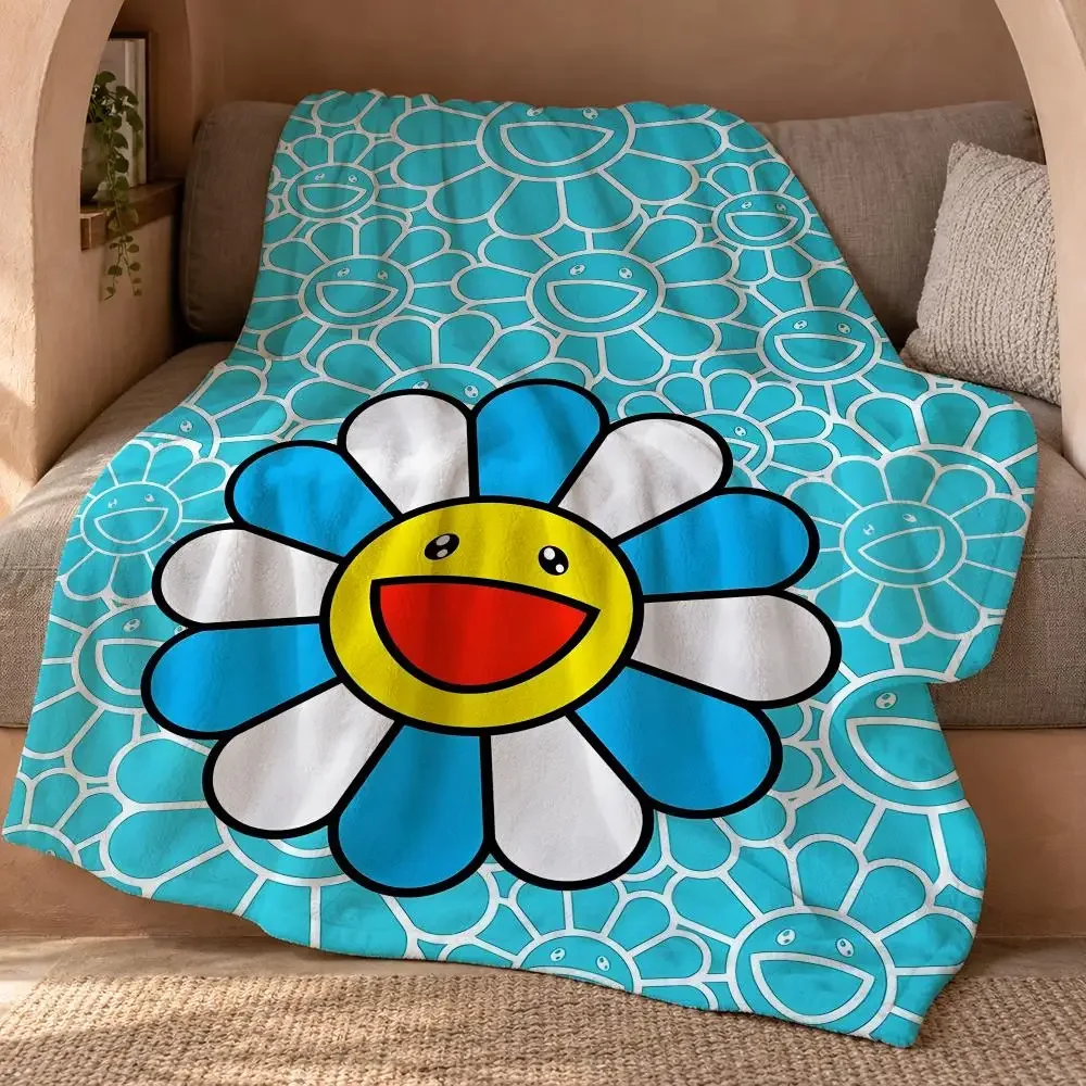 Smiling Flower Artwork Takashi Murakami Throw Double Sided Flannel Throw Blanket Soft Travel Camping Sofa Bed Home