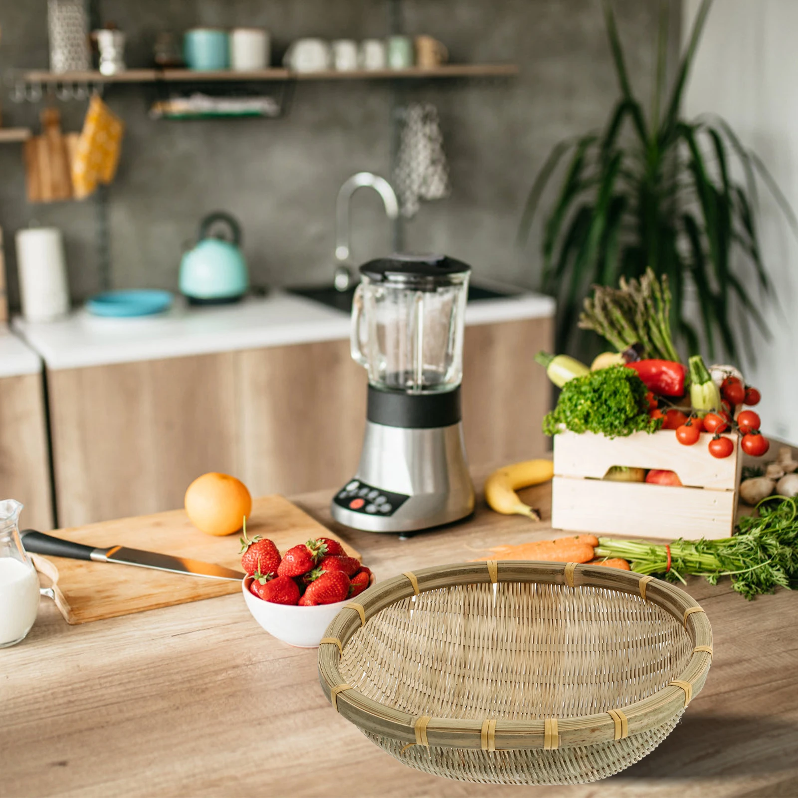 

1 pc Bamboo Woven Basket Round Rice Cleaning Dustpan Storage Tray Snack Fruit Container Lightweight Portable Household