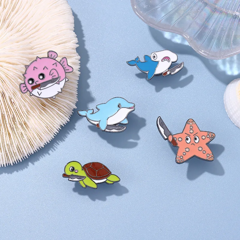 Asassino do oceano alfinetes esmaltados golfinho puffer peixe tartaruga tubarão estrela do mar broche lapela emblemas animal jóias presente para crianças amigos