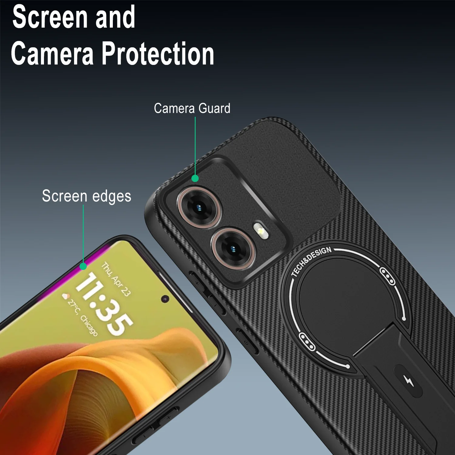 Luxuriöse magnetische Carbon-Standhülle für Moto G35 G54 G55 G56 G75 G84 G86 G24 5G Edge 50 60 Fusion Pro mit kabelloser Ladefunktion – Detail 6