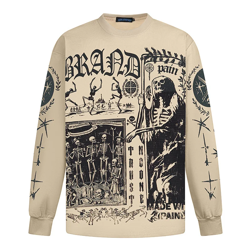 

Long Sleeve Front Skulls Print T Shirt Men Women Back Classic Compass Pattern T-shirt High Street Loose Cotton Tops Tee Clothes