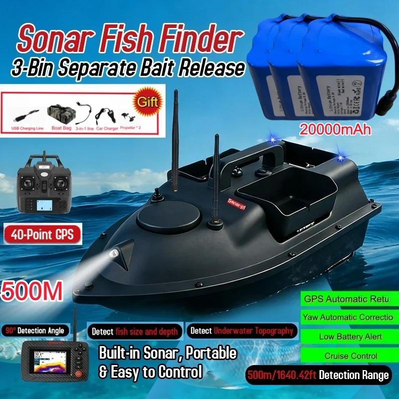 

Прикормочный кораблик Nest Boat со встроенным эхолотом, дальностью 500 м, GPS на 40 точек, 3 бункера, грузоподъемность 2 кг, круиз-контроль