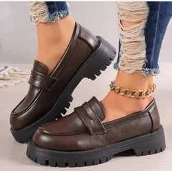 Casual Platform Loafers Woman 2025 Bitish Style Black Brown PU Leather Shoes for Women Comfort Slip On Flats Plus Size 35-43