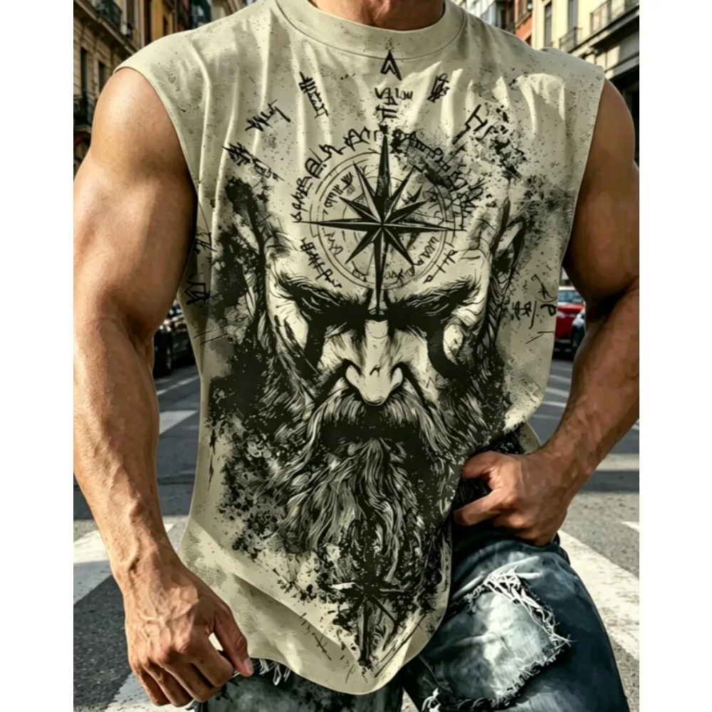 Débardeur Homme Imprimé Boussole Runes Mythologie Nordique T-shirt Sans Manches Vintage Musculation Gym Décontracté Été Streetwear