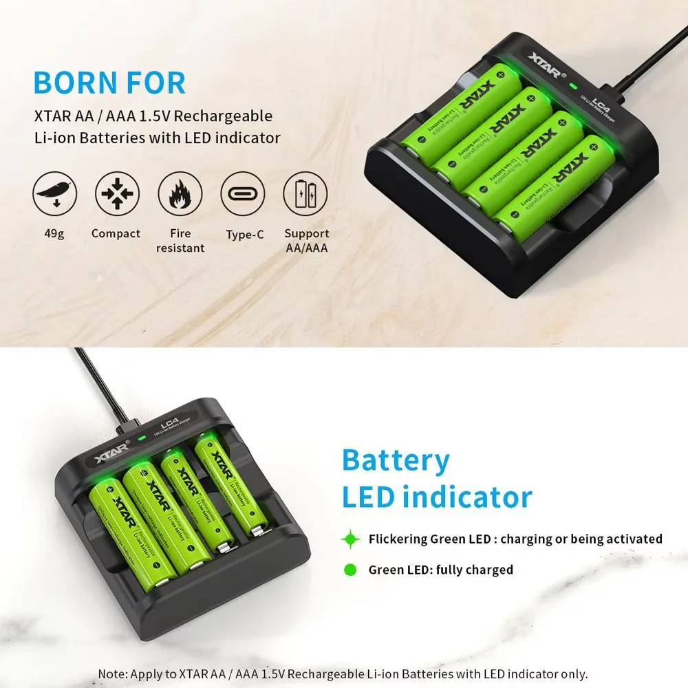 XTAR 4PCS AA 4150mWh 1.5V Li-Ion Rechargeable Battery+XTAR LC4 Charger Mix-charging AA&AAA Batteries  With LED Indicator