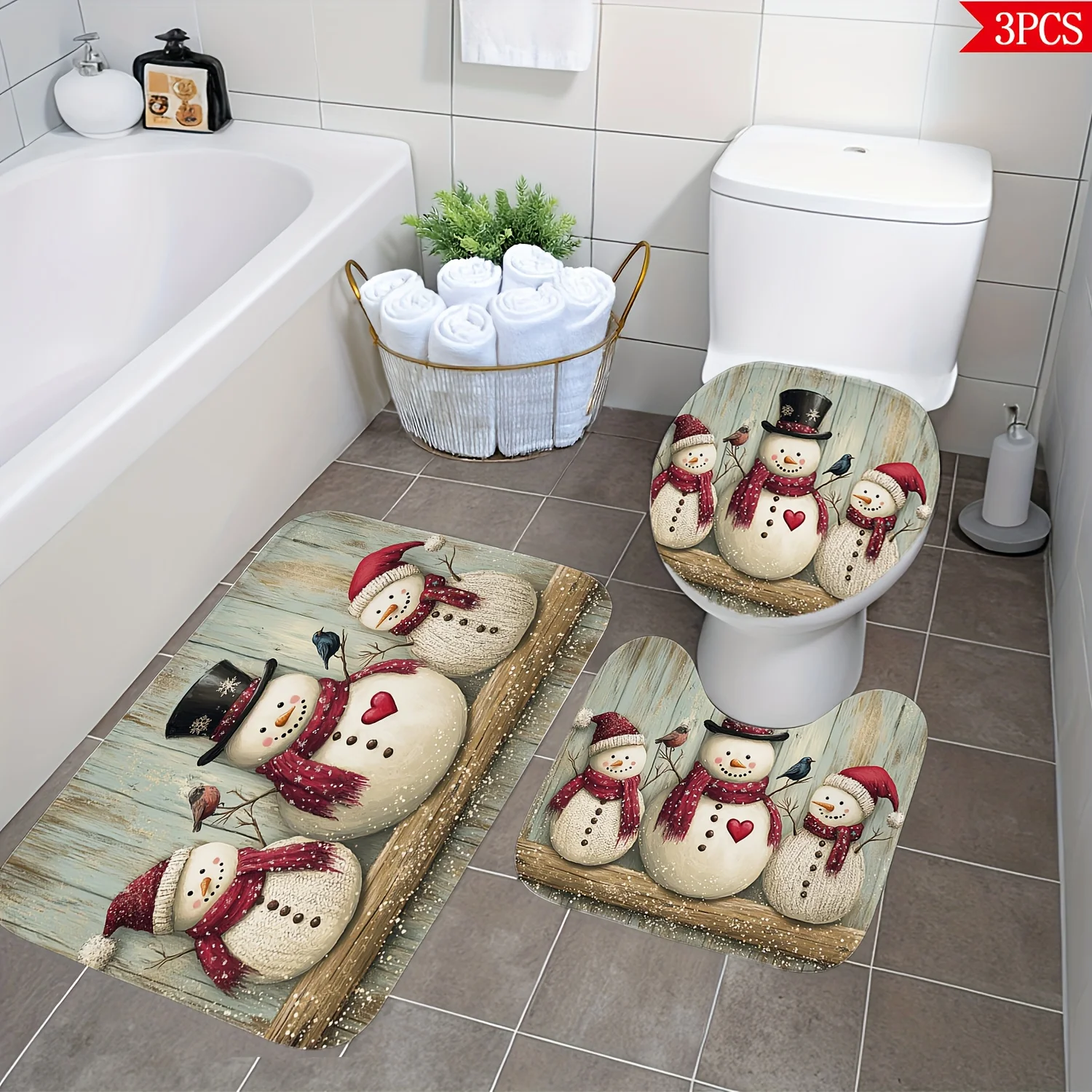 Cute Snowman Christmas Bath Mat Set 3pcs Plush Bathroom Rug Floor Mat Winter Decor for Home \u0026 Spa Cozy Living Room Accessor