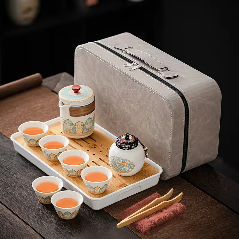 

Outdoor Camping Travel Kung Fu Tea Set Suit Teapot Ceramic Tea Tray Portable National Fashion Gift