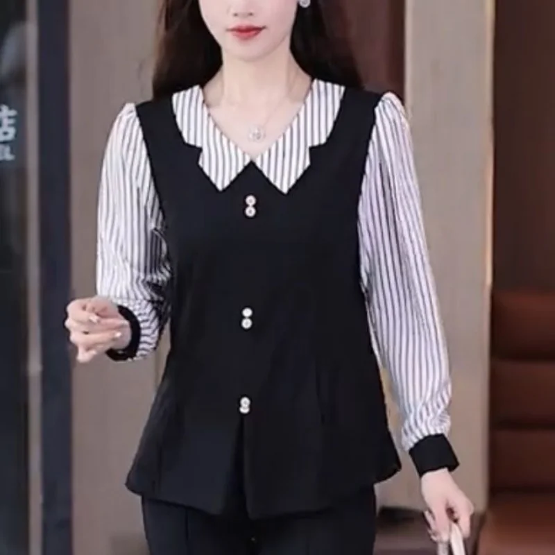 Women Korean Fashion Striped Patchwork Blouse Elegant Long Sleeve Slim Shirt Spring Autumn Casual Commute Tops Blusas Para Mujer