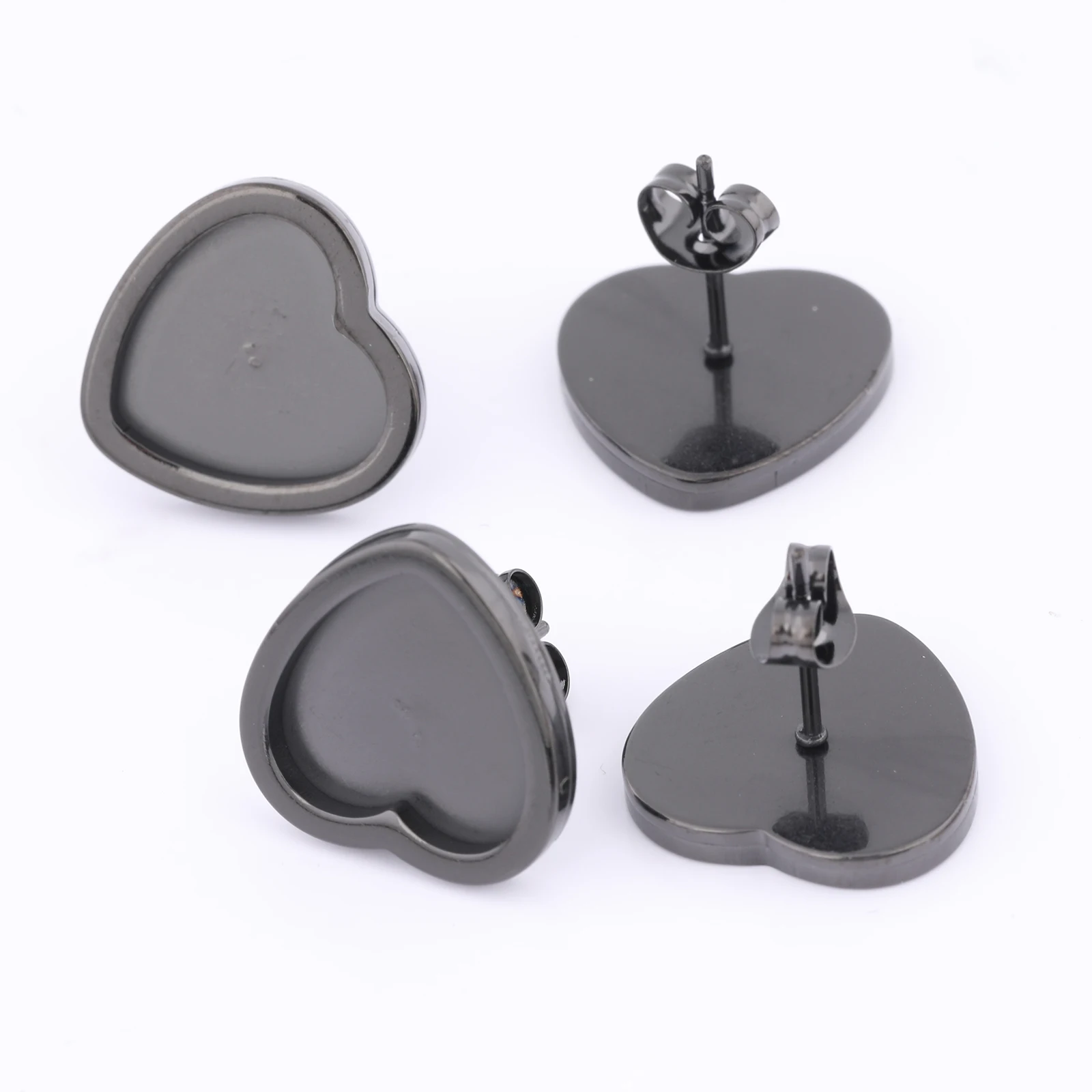 

10pcs stainless steel black heart 12mm cabochon earring base blanks studs diy post earring bezel settings for jewelry making