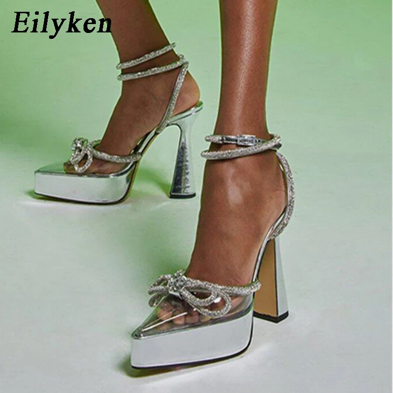 Eilyken PVC Transparent High Heels Women Pumps Fashion Butterfly-knot Crystal Pointed Toe Platform Chunky Party Prom Shoes