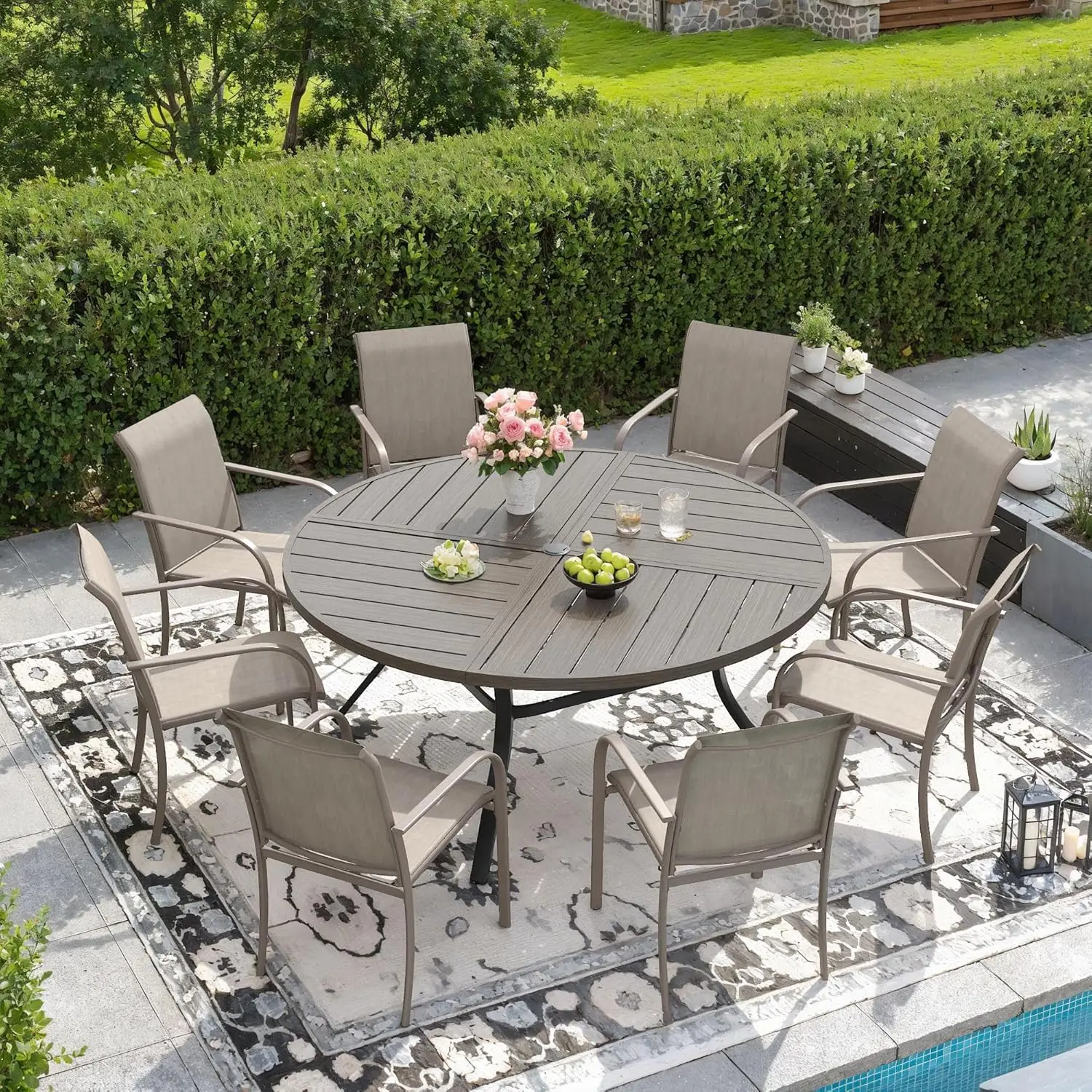 

9pc Grey Wood-Look Round Metal Outdoor Dining Set Stackable Textilene Chairs Backyard Garden Poolside Customized