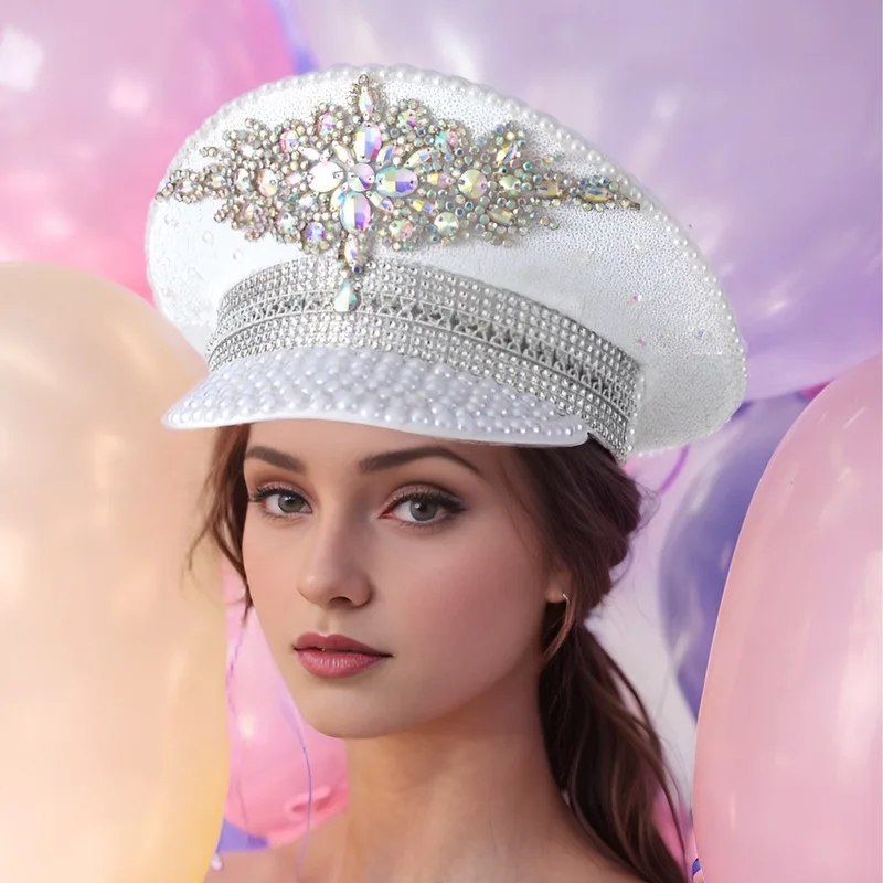 New men's women's European American style stage hats with diamond-shaped rhinestone and pearl embellishments on the brim