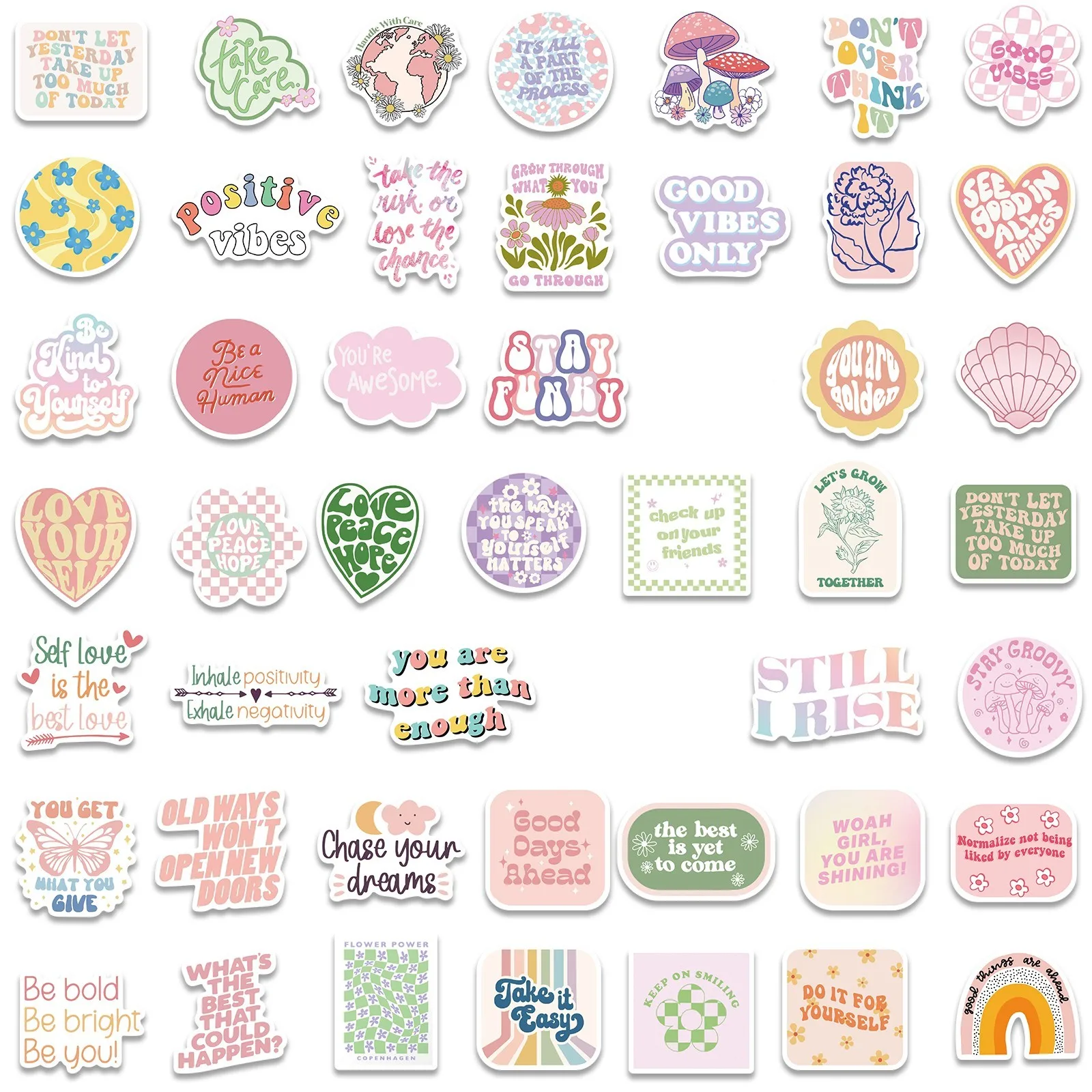 50/100pcs Cute Cartoon Danish Pastel Motivational Phrase Sticker For Laptop Scrapbook Water Bottle Waterproof Graffiti Decals