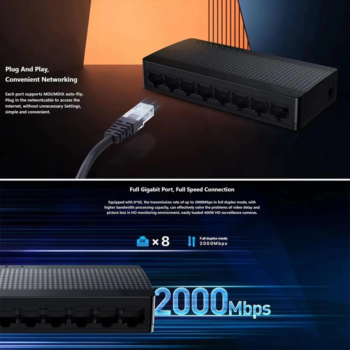 A40I Gigabit Mini Switch Ethernet 8 Port 1000Mbps 10xFast RJ45 Hub Network SOHO Desktop WIFI Switcher Plug& Play SG108M view 4