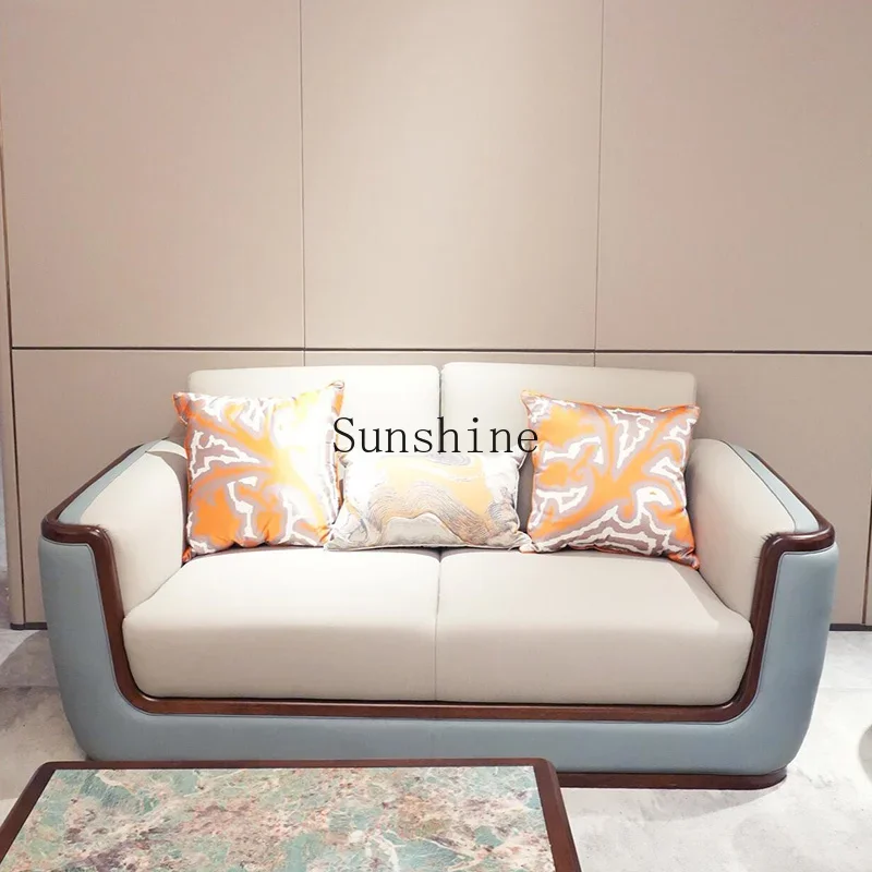 New Chinese-style living room large apartment household reception solid wood leather art sofa simple and modern  FT