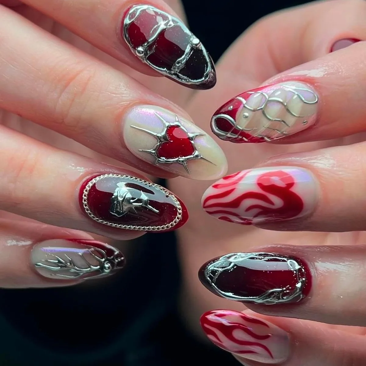 

24PCS almond shape Press On nails with 3D Chrome love heart Valentines Day Rose European American romantic Removable False Nails