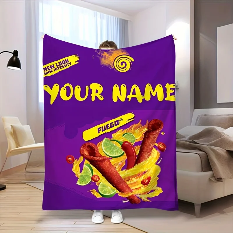 Manta de franela moderna con nombre personalizado, adecuada para el hogar y el viaje, interesante diseño de bocadillos de chile y lima