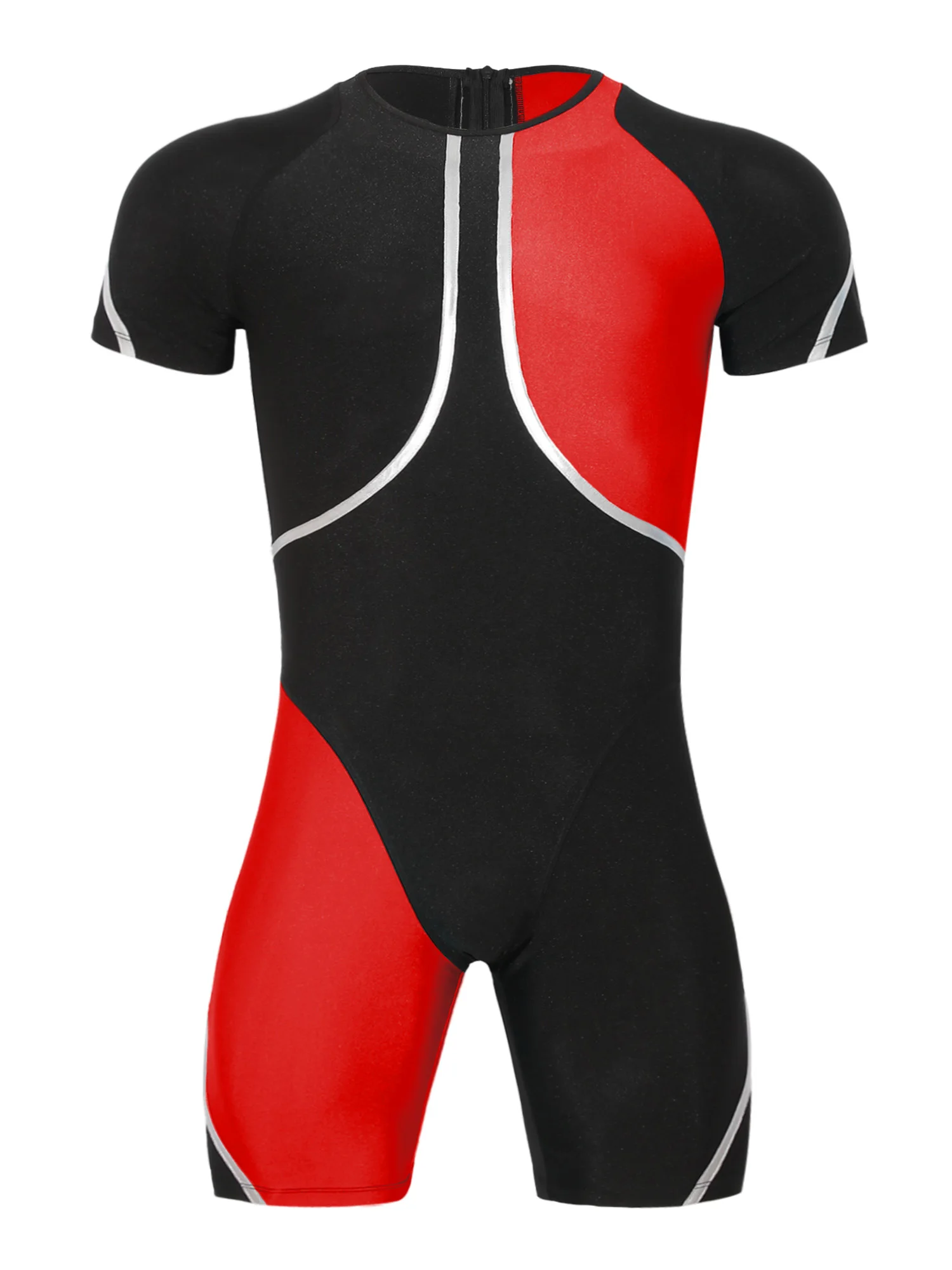 Mens Swim Leotard Short Sleeve Scuba Diving Suit Metallic Trim Jumpsuit Thigh Length Swimsuit Surfing Sunproof One Piece