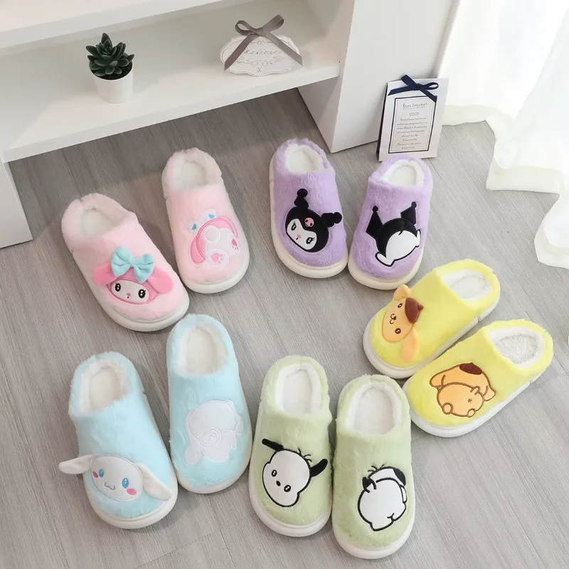 Sanrio Kulomi Cute Sweet Warm Home Women's Shoes Melody Cartoon Versatile Plush Bag Toes Platform Cotton Slippers