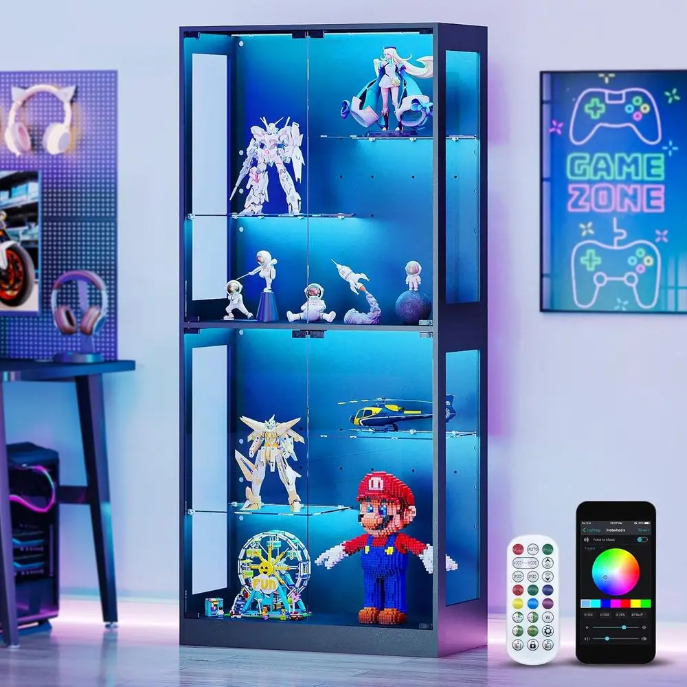 69 LED-Lit Glass Display Cabinet with Adjustable Shelves for Living Room, Ideal for Collectibles and Figurines, Black