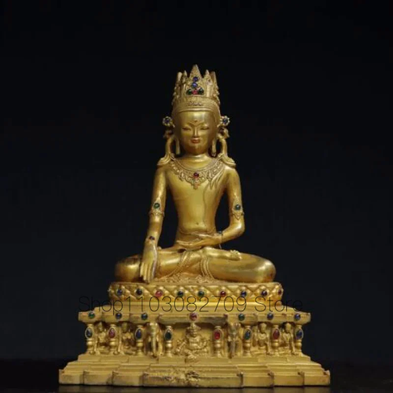 Rare Ancient Tibetan Bronze Gilded and Gem Inlaid Buddha Statue