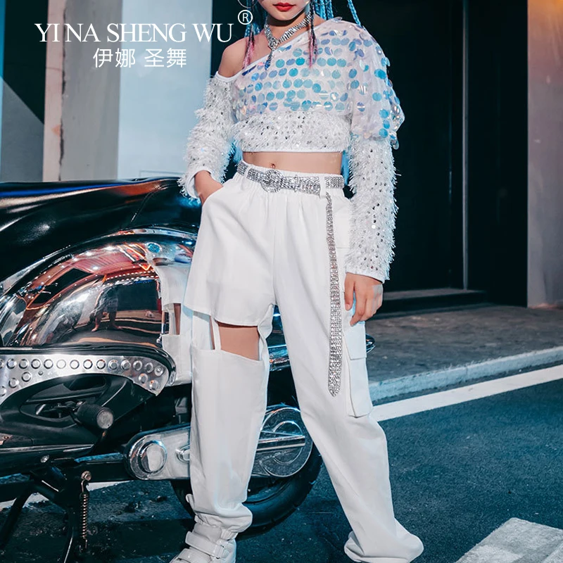 Girls Jazz Dance Suits K-pop Street Dance Hip-hop Costumes Fashionable Sequins Top Hollow Pants Set Kids Models Catwalk Costumes