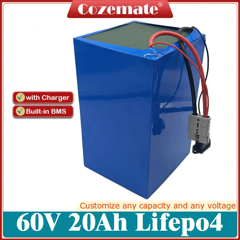 60V 20Ah Lifepo4 Power BMS Battery for EVs 1500W 2000W Motor Solar Wind Energy Storage Ups Power System + 5A Charger