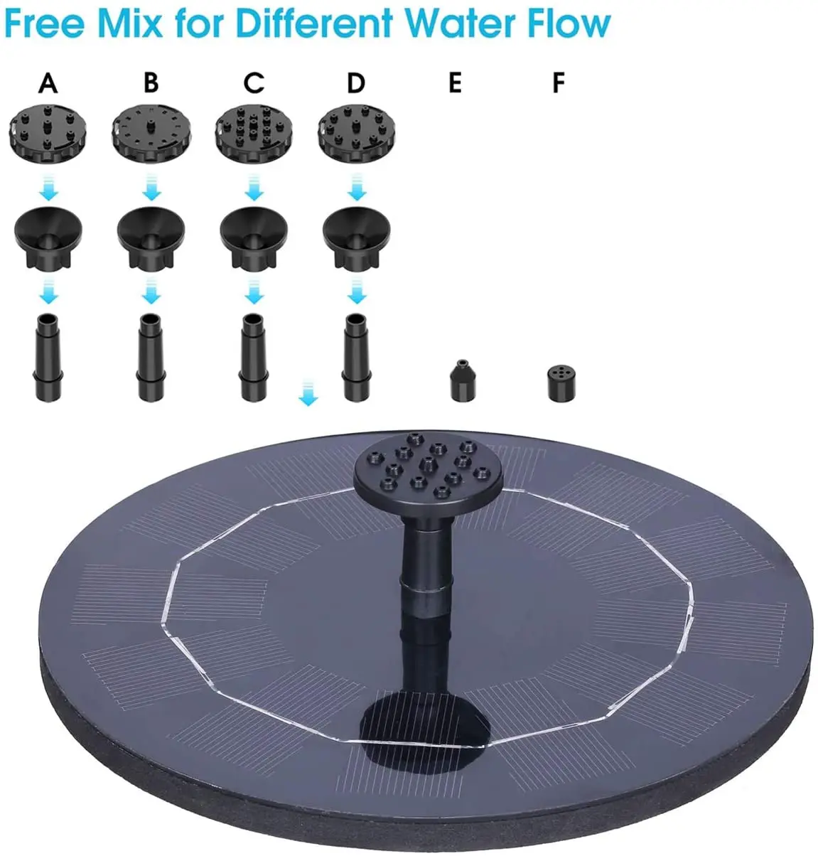 2.5W Solar Fountain Pump Solar Water Pump, AISITIN Floating Fountain with 6 Nozzles, for Bird Bath, Fish tank, Pond