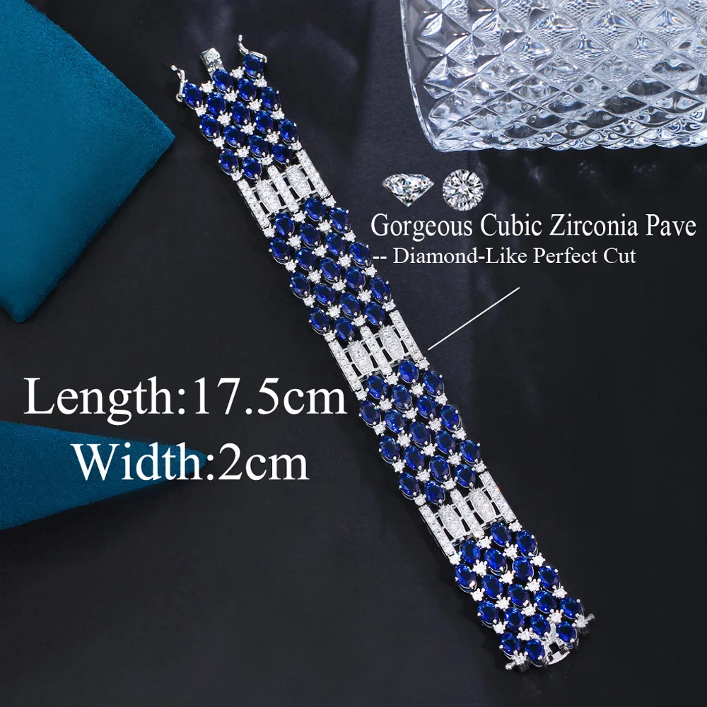 ThreeGraces High Quality Blue Cubic Zirconia Silver Color Luxury Bridal Party Bracelet for Women Fashion Banquet Jewelry BR296