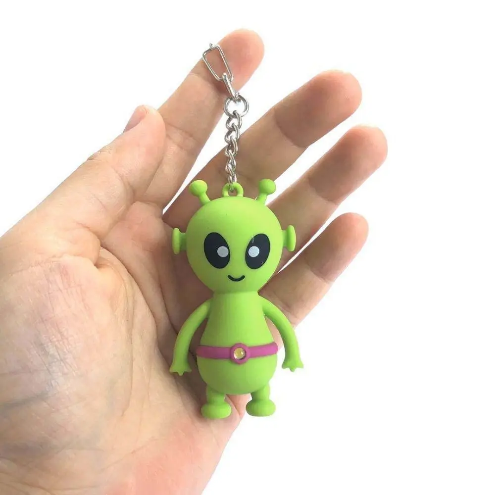 Cartoon Keychains Fashion Bag Hanging Pendant For Men Women Electric Flashlight Alien Spaceship LED Light Glowing Car Keyring