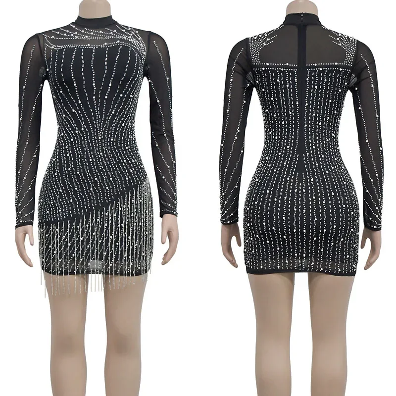 Brilhante diamantes strass borla vestido de aniversário para mulheres boate festa pura malha retalhos manga longa bodycon mini vestido