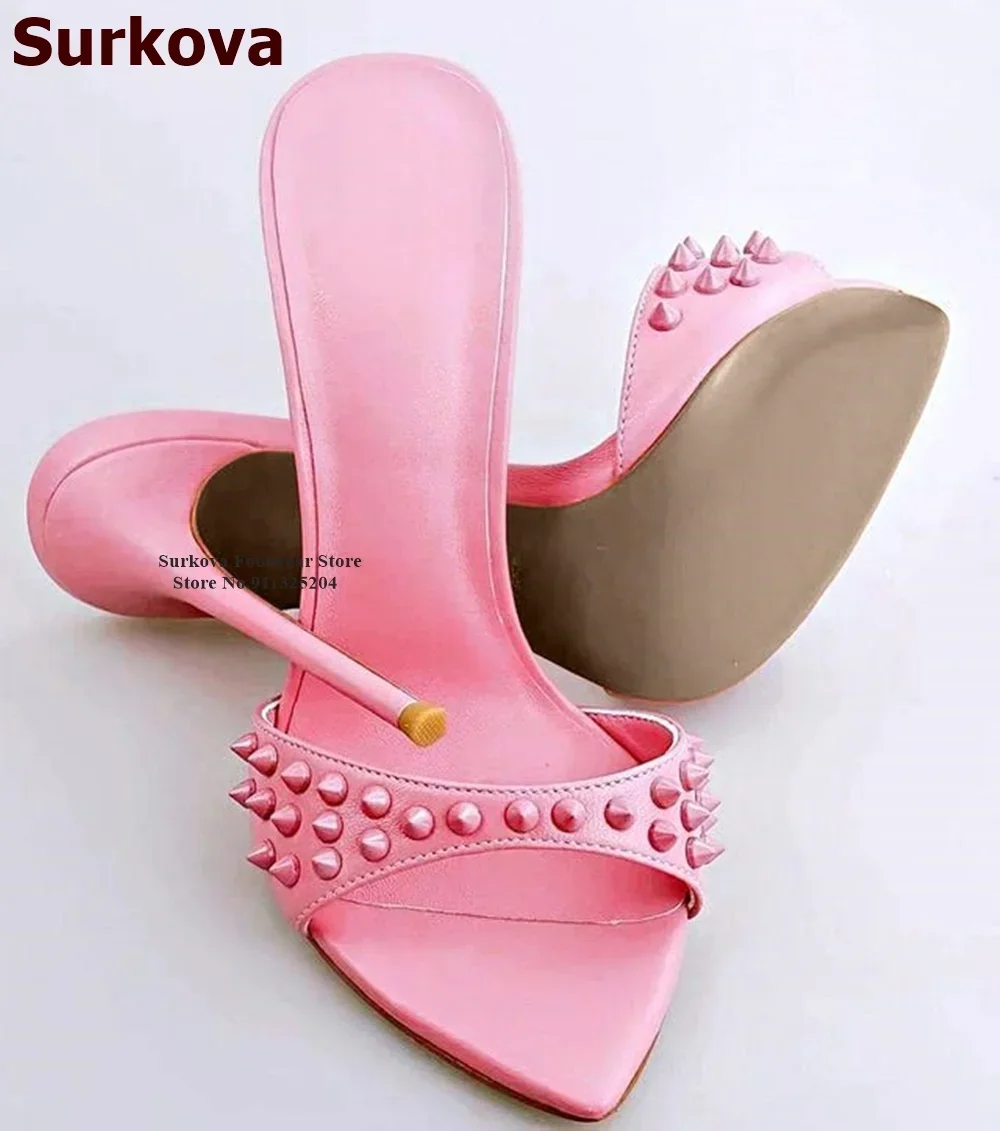 Surkova Thin High Heel Rivets Pointed Toe Slippers Slip-on Sexy Spikes Summer Sandals Dress Shoes Purple Pink Yellow