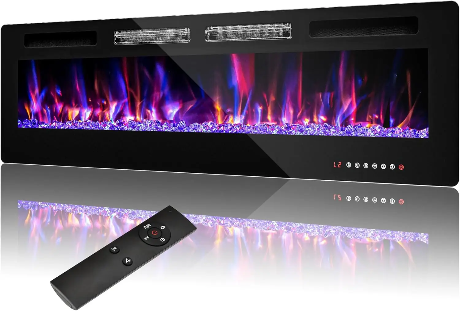 1500W ultra-thin wall mounted fireplace heater, multi-color flame low noise timer touch screen and remote control