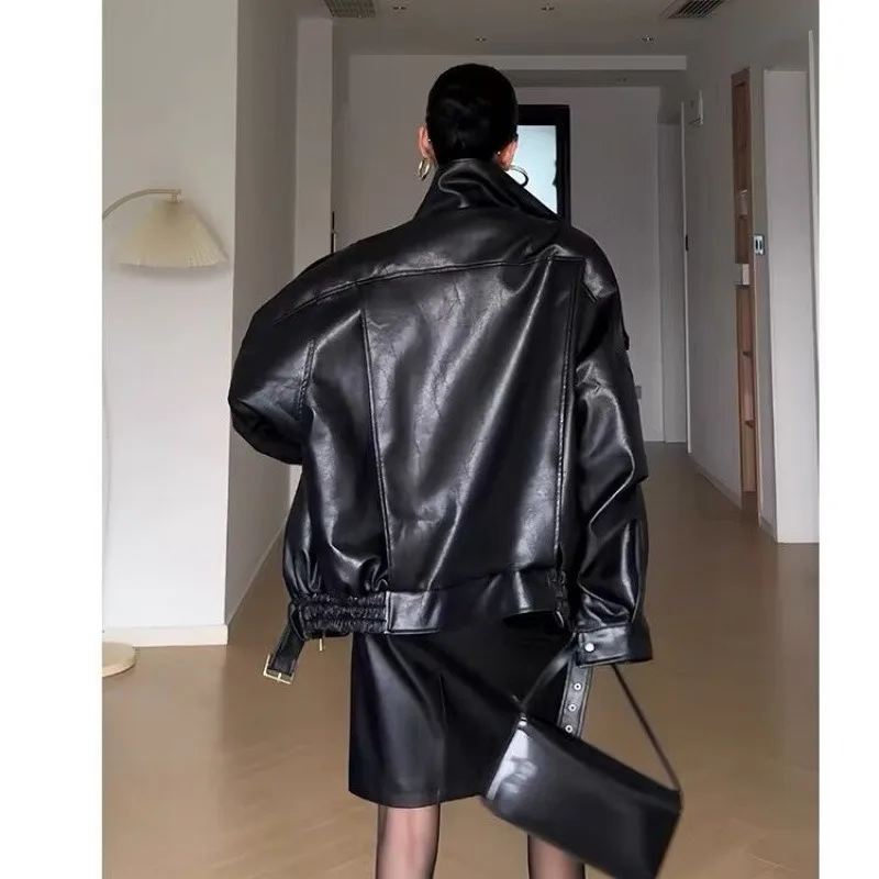 Ropa de abrigo nuevo estilo americano Retro envejecido marrón PU chaqueta de cuero primavera otoño con estilo callejero sensación de alta gama abrigo de mujer