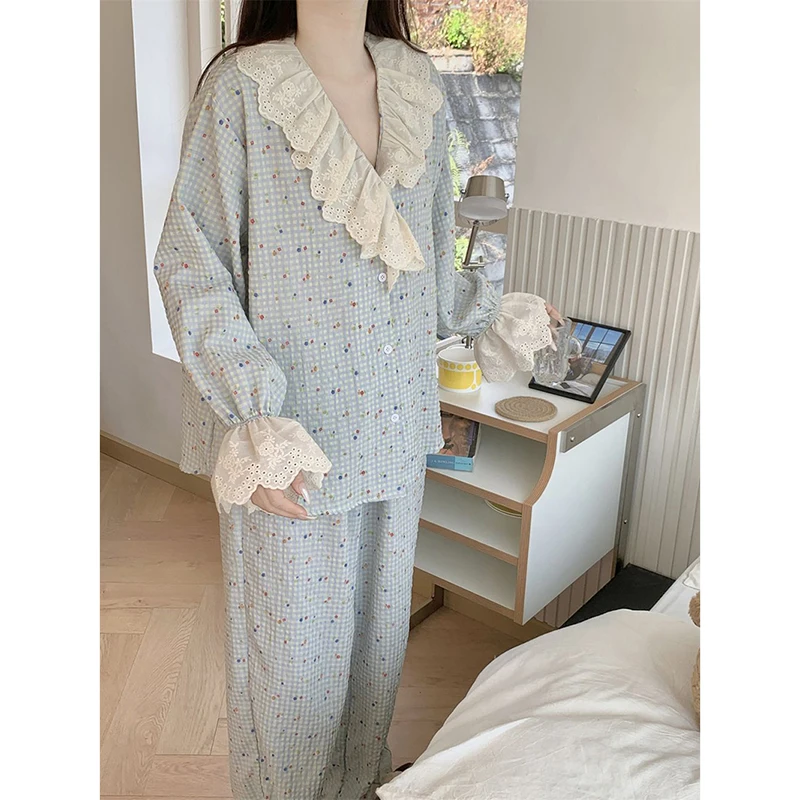 Lace Sleepwear Women Pajama Sets Piiama Autumn Pants Sets 2 Pieces Plaid Floral Flare Long Sleeve Night Wears V-neck Home Suit