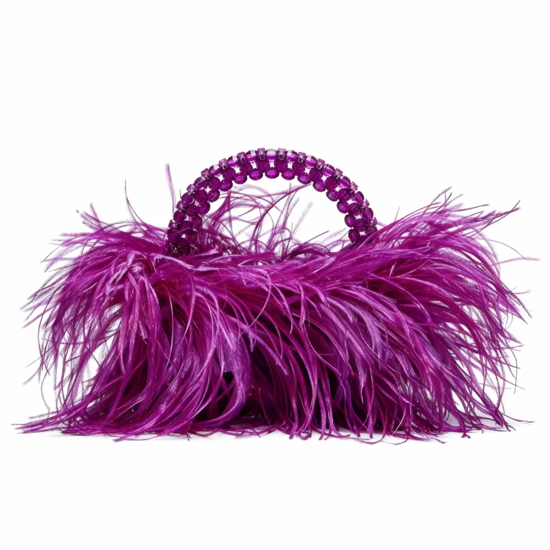 Pearl Bead Bag With Feather Fur Designer Brand Clear Acrylic Crystal Stone Box Tote Handbag Women Handmade Party Purse image 3