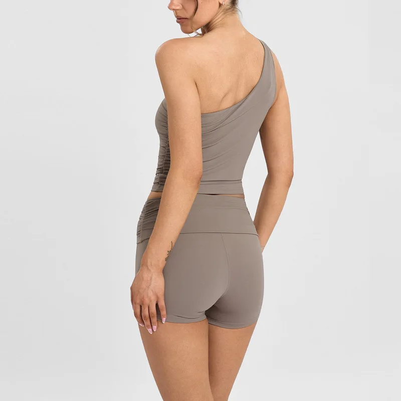 American style one-shoulder yoga vest set, pleated high-elastic fitness yoga wear, sports training top two-piece set