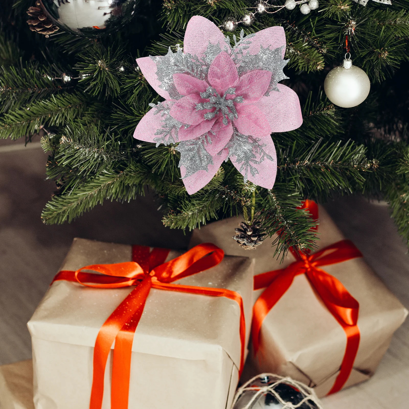 

12Pcs Christmas Poinsettia Flowers Decorative Clip Fake Artificial Xmas Tree Flowers Glitter Decor Glitter Poinsettia