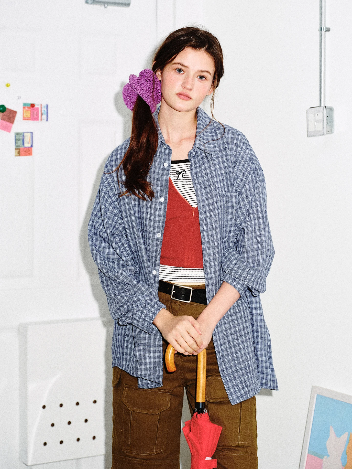 

Retro American Bubble irt Long Sve Blue And White Plaid Casual Spring Couple Outerwear Loose Fit Polyester Fiber