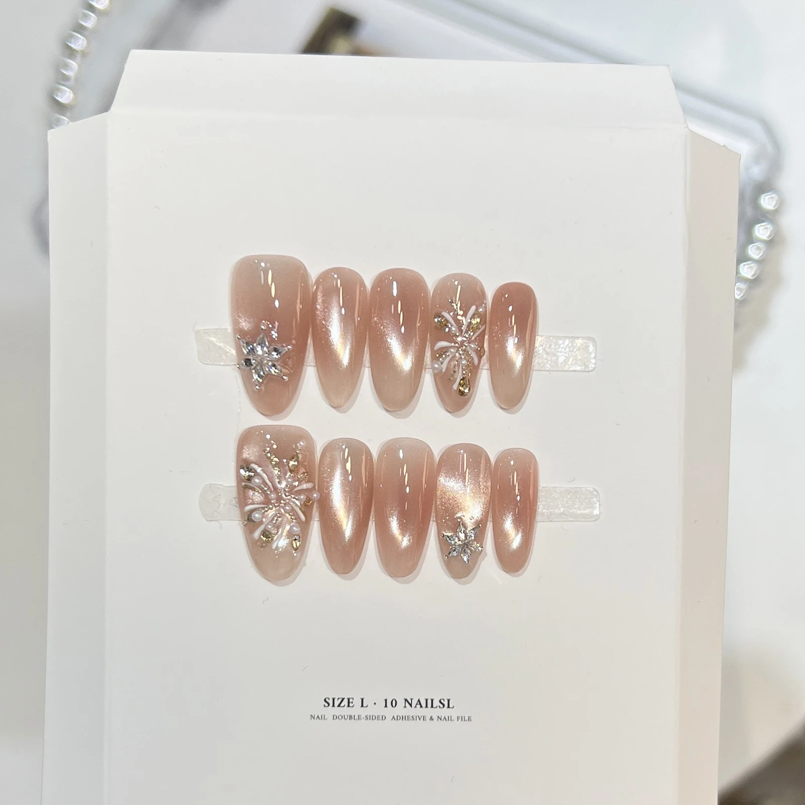 Handmade Simple Nude Glass Cat's Eye False Nails Charming Bow Press On Nails 10pcs Long French Gentle Fake Nails Almond Wearable